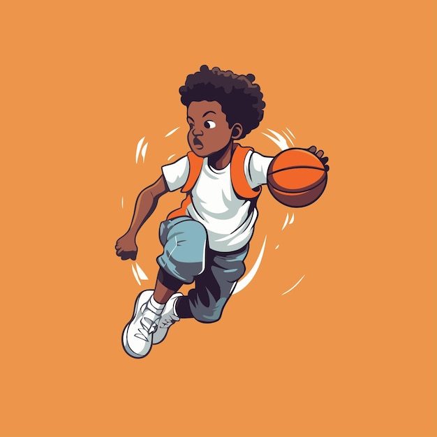 Afroamerykański Chłopiec Grający W Koszykówkę Ilustracja Wektorowa Postać Z Kreskówek Sportowych