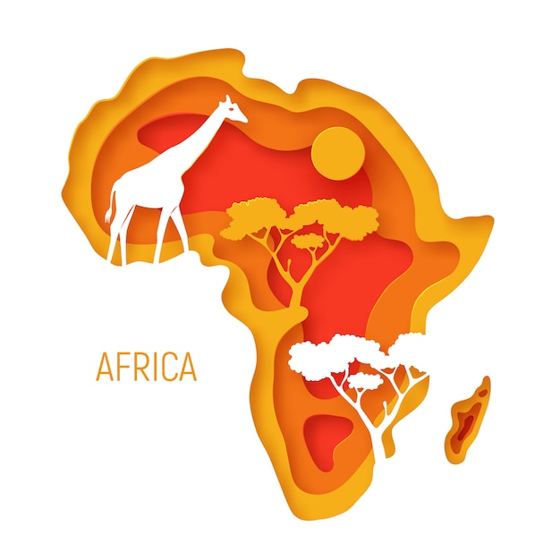 Afryka. Dekoracyjne 3d Papieru Wyciąć Mapę Kontynentu Afrykańskiego Z Sylwetkami Dzikich Zwierząt.