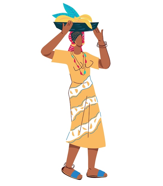 Afrykańska Kobieta Ze Zbiorem Owoców Bananów Płaski Wektor Ilustracja Na Białym Tle
