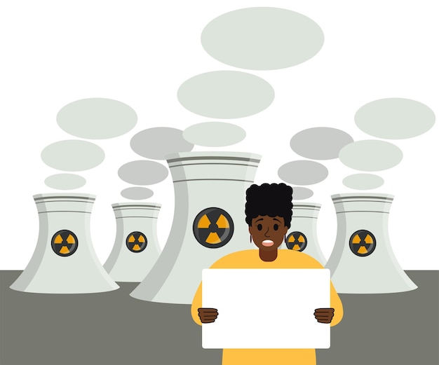 Plik wektorowy afrykańska murzynka protestuje z pustą tabliczką na tle elektrowni jądrowych. niezależny