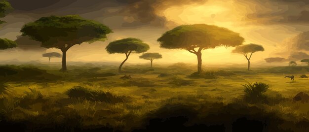 Plik wektorowy afrykańska sawana trawa akacja drzewa i rzeka realistyczny wektor krajobraz afrykańskie rezerwaty przyrody i