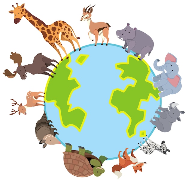 Plik wektorowy afrykańskie zwierzęta stojące na planecie ziemia w płaskim stylu