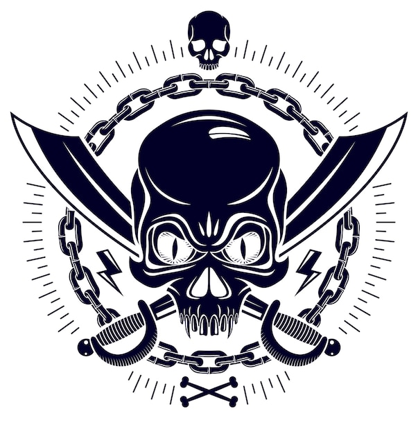 Agresywne Godło Pirata Czaszki Jolly Roger Z Bronią I Innymi Elementami Projektu, Wektor Logo W Stylu Vintage Lub Tatuaż Martwą Głową.