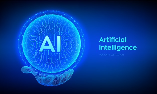 AI. Streszczenie sztucznej inteligencji Logo kula płytki drukowanej w ręku. Sieci neuronowe.