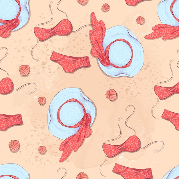 Akcesoria Plażowe Bez Szwu Wzór Na Piasku. Ilustracji Wektorowych