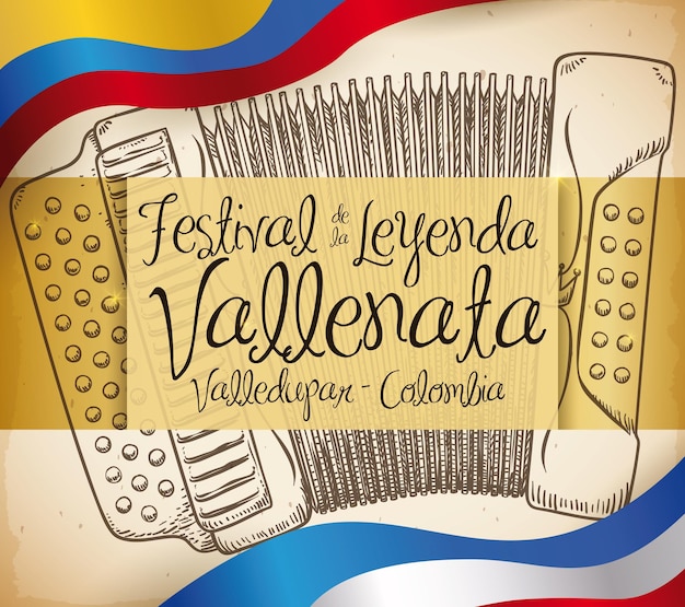 Plik wektorowy akordeon z flagami kolumbii i valledupar na festiwal legendy vallenato napisany w języku hiszpańskim