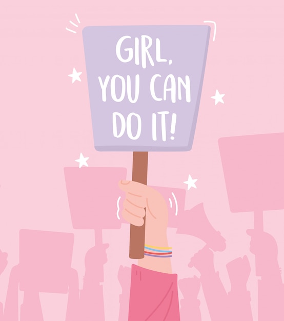 Plik wektorowy aktywiści protestu manifestacji, ręka z plakatem marszu kobiet w obronie praw