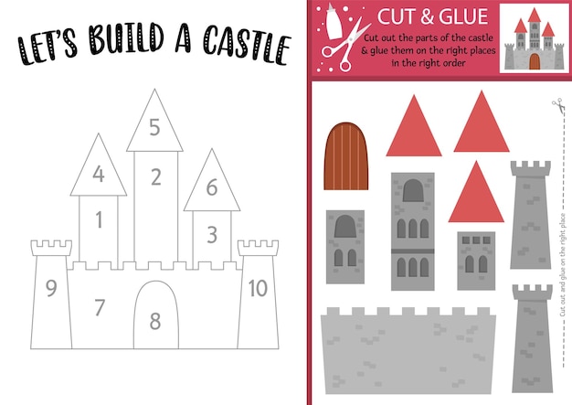 Aktywność Cięcia I Klejenia Bajki Wektorowej Magic Kingdom Edukacyjna Gra Rzemieślnicza Pozwala Zbudować Arkusz Zamku Bajka Do Wydrukowania Strona Dla Dzieci Z Wieżami Pałacowymi
