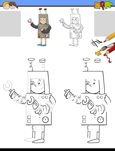 Aktywność Rysowania I Kolorowania Kreskówek Dla Dzieci Z Chłopcem W Kostiumie Robota