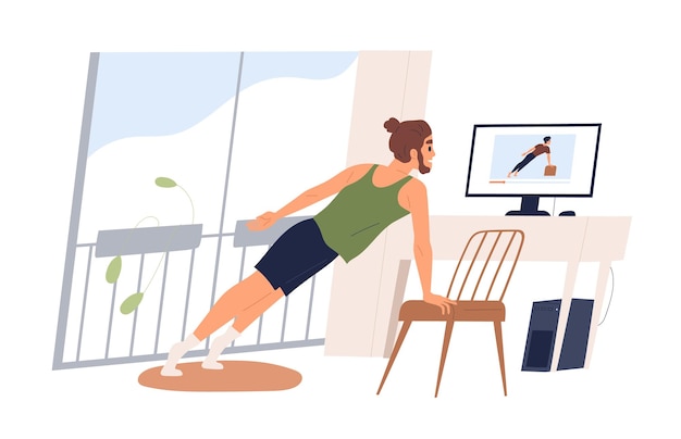 Plik wektorowy aktywny mężczyzna robi sport ćwiczenia oglądać zajęcia online na komputerze płaskiej ilustracji wektorowych. mężczyzna ćwiczy trening w domu na białym tle. facet szkolenia na kursie fitness w internecie spójrz na ekran.