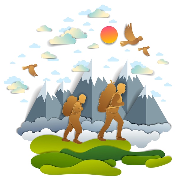 Plik wektorowy aktywny ojciec i nastoletni syn wędrujący przez łąki do gór, ptaki na letnim niebie. ojcostwo, turysta mężczyzn o czas wolności w przyrodzie letnich wakacji, ilustracji wektorowych.