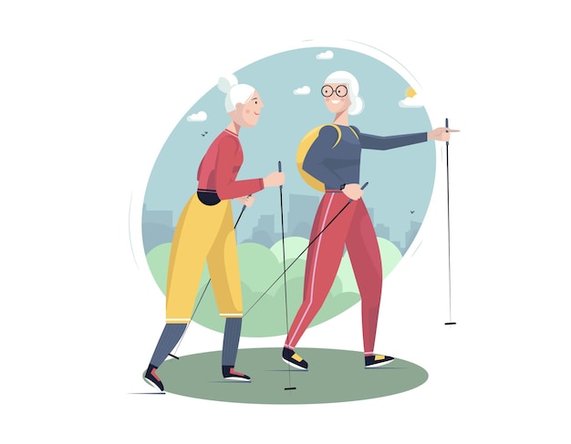 Plik wektorowy aktywny tryb życia towarzyskiego i sportowego seniorów starsze kobiety nordic walking na tle krajobrazu miasta