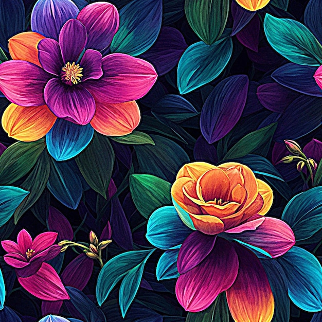 Akwarel Neon Glow Floral Seamless Pattern Design 1