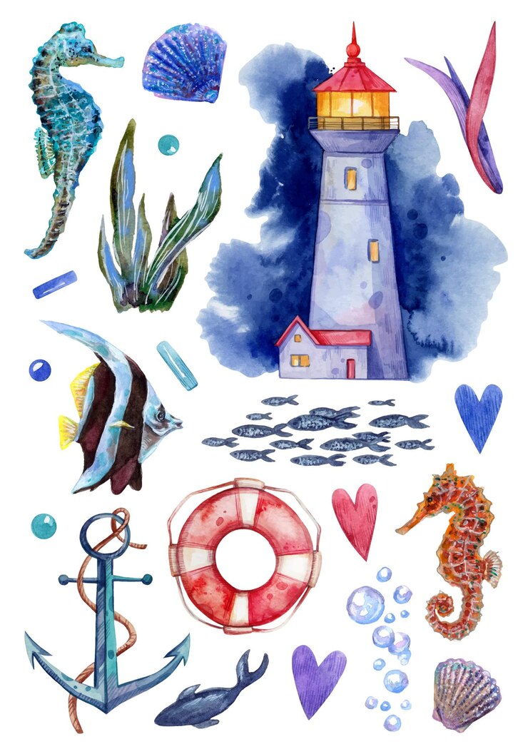 Wektor akwarel ręcznie malowany zestaw latarni ilustracja morskie koralowce ryby ocean konik morski kotwica ratunkowa