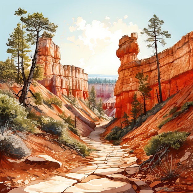 Akwarel Wektor Bryce Canyon Punkt Wschodu Słońca Na White Bac