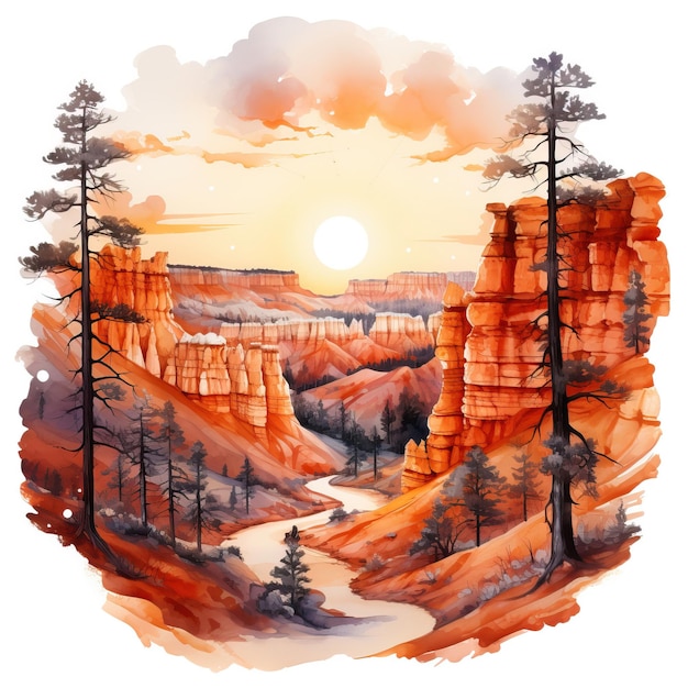 Akwarel Wektor Bryce Canyon Zachód Słońca Na Białym Tle