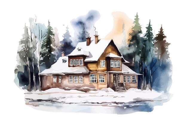 Plik wektorowy akwarel zimowy krajobraz dom bożonarodzeniowy karta wakacyjna