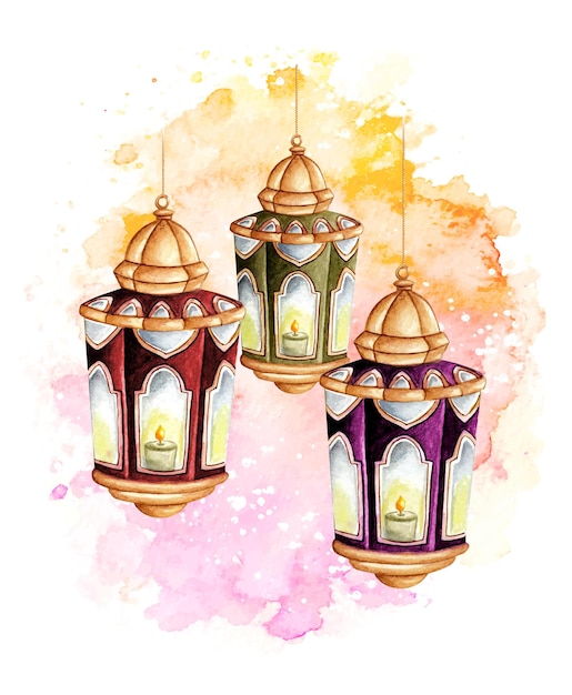 Akwarela Arabska Latarnia Ramadan Kareem
