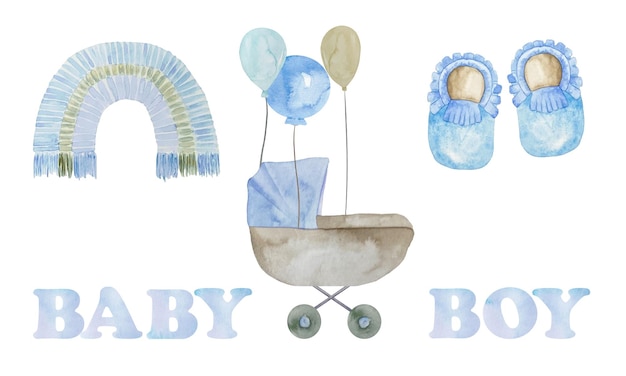 Akwarela baby boy niebieski wózek z balonami ilustracja niebieska tęcza boho i buty To chłopiec