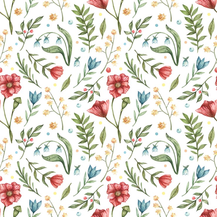 Wektor akwarela bezszwowe botaniczny wzór. ilustracja niebieskiego, czerwonego, kwiatów (dzwonki, maki, jagody, zielone liście, gałęzie)