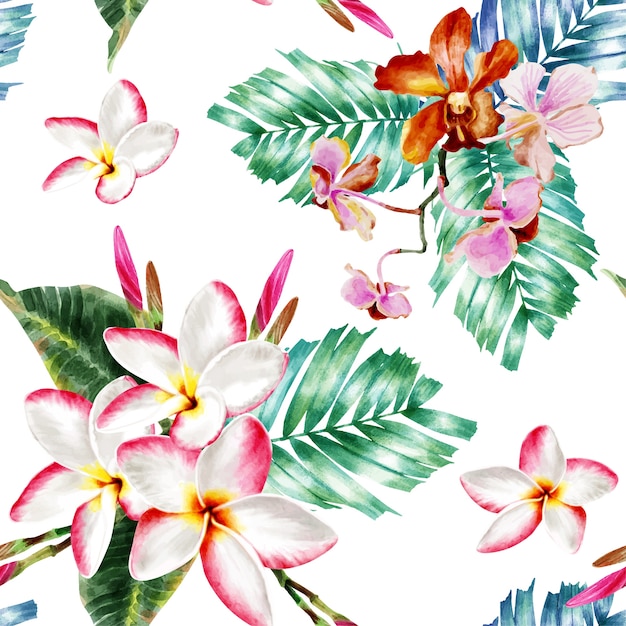 Akwarela bezszwowe wzór kwiaty orchidei i frangipani.