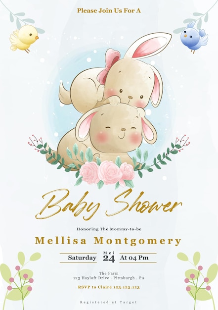 Akwarela Bunny Baby Shower Zaproszenie Z Kwiatowym Akcentem