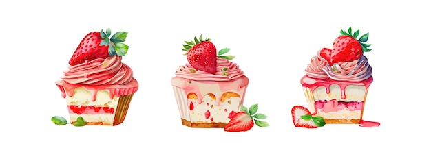 Akwarela ciasto truskawkowe zestaw na białym tle Pyszne jedzenie deserowe piekarnia na urodziny ilustracji wektorowych menu