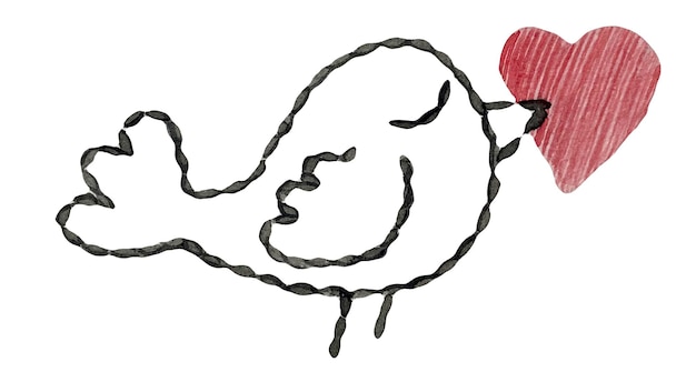 Plik wektorowy akwarela czarny haftowany ptak ilustracja z czerwonym sercem w dziobie