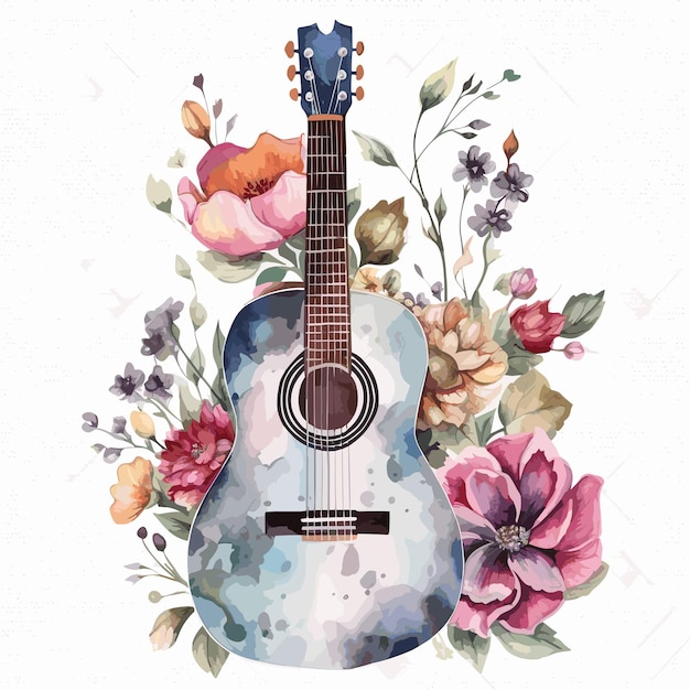 Akwarela Gitara Na Kwiatowy Kwiat