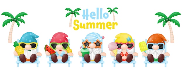 Akwarela gnomy Summer Beach Clipart Cyfrowy obraz