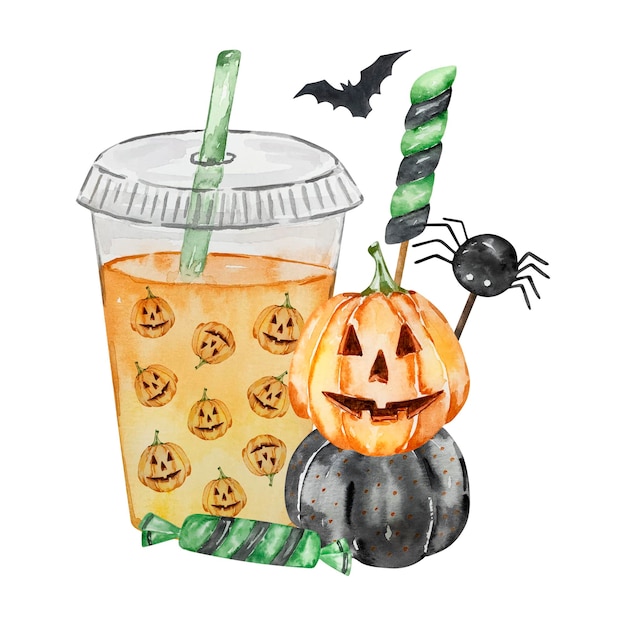 Plik wektorowy akwarela halloween ilustracja napój z dyniami