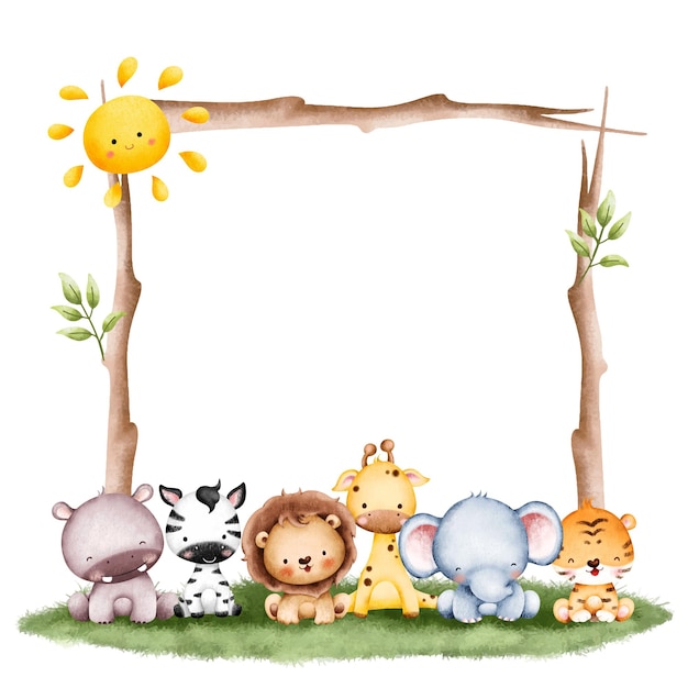 Akwarela Ilustracja Baby Safari Animal Frame Szablon