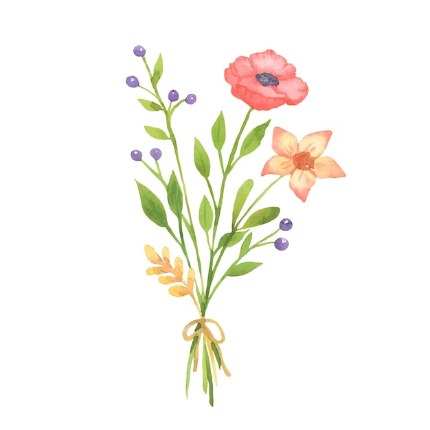 Akwarela Ilustracja Bukiet Kwiatów. Ręcznie Rysowane Polne Kwiaty