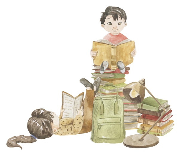 Akwarela ilustracja chłopca i dziewczynki z książkami w dłoniach obok stosu książek