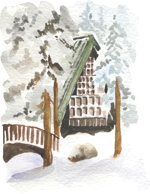 Plik wektorowy akwarela ilustracja domu w zaśnieżonym lesie w sosnach z małym mostem