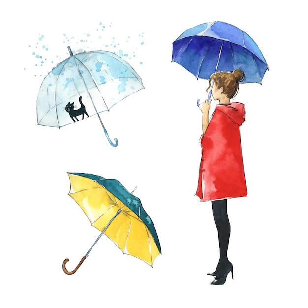 Akwarela ilustracja kobiety ubranej w czerwony płaszcz przeciwdeszczowy z parasolem