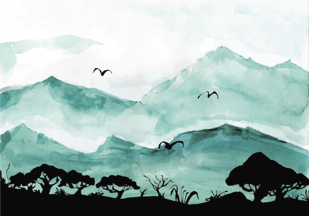 Akwarela ilustracja krajobraz tło czarne drzewa ptaki góry