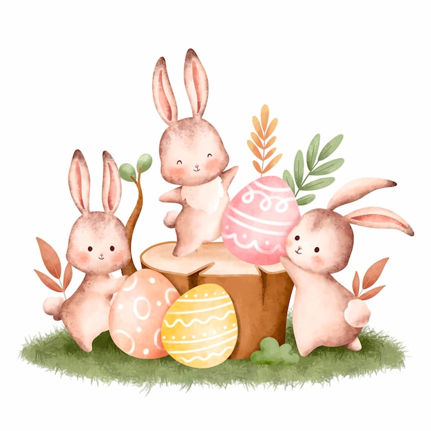 Plik wektorowy akwarela ilustracja królik wielkanocny i pisanka