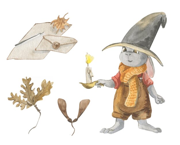 Akwarela ilustracja królika w ubraniach z szalikiem i kapeluszem trzyma w rękach świecę