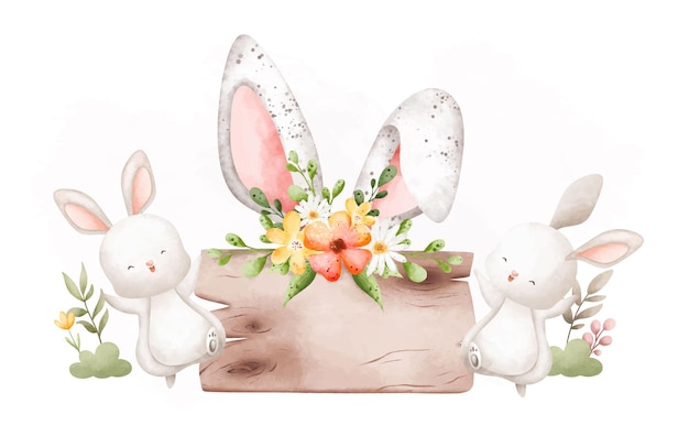 Akwarela ilustracja króliki wielkanocne i drewniana deska