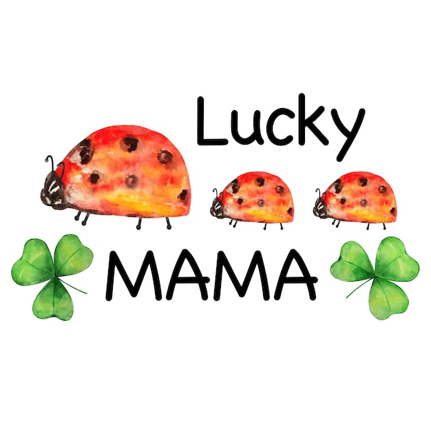 Akwarela Ilustracja Lucky Mama Z Biedronkami I Koniczyną
