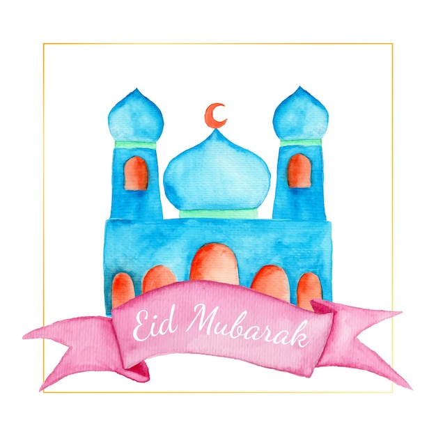 Akwarela Ilustracja Meczetu Z Różowym Sztandarem Z Napisem Eid Mubarak