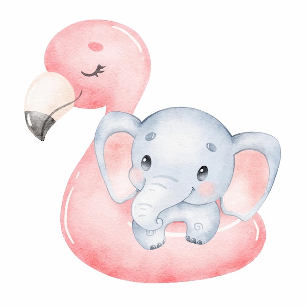 Akwarela Ilustracja Słodkiego Kreskówkowego Słonia Pływającego śliczne Tropikalne Zwierzęta