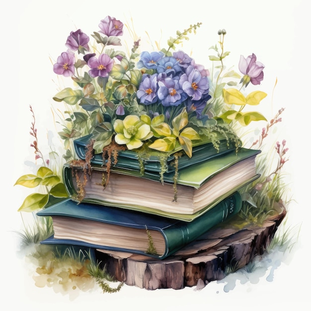 Akwarela Ilustracja Stos Książek Z Wiosennymi Kwiatami Na Białym Tle