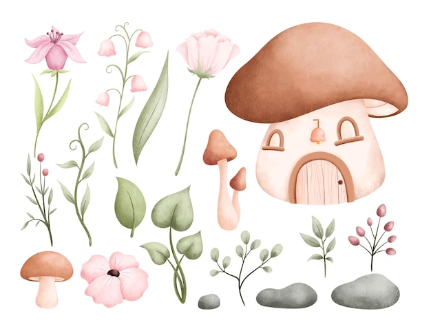 Akwarela ilustracja zestaw roślin ogrodowych