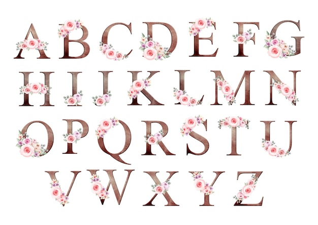 Plik wektorowy akwarela ilustracja zestaw vintage alfabetu z kwiatami