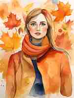Plik wektorowy akwarela jesień dziewczyna malarstwo reprodukcja jesień estetyczny szablon tła dla sztuki korporacyjnej