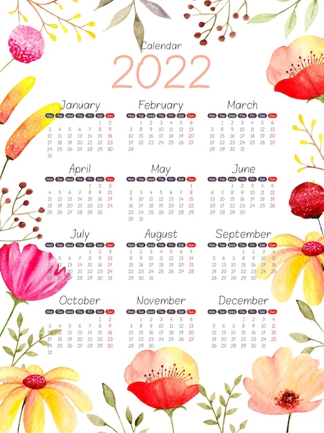 Plik wektorowy akwarela kalendarz 2022 kwiat i liście