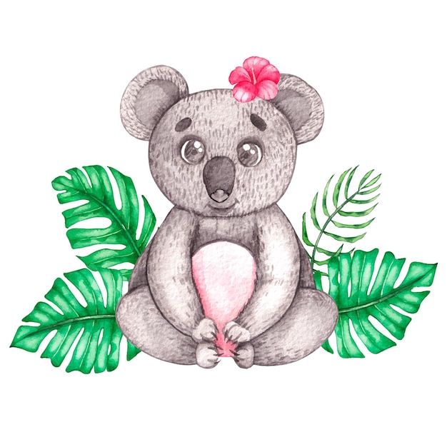 Akwarela koala na białym tle w tropikalnych liściach