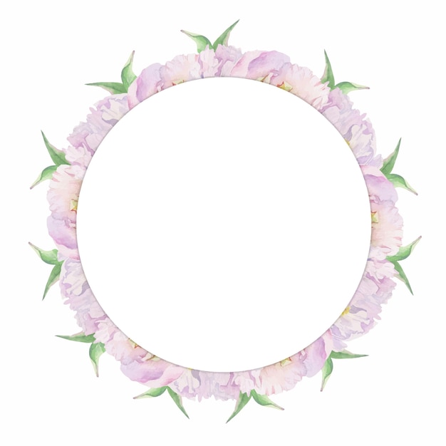 Plik wektorowy akwarela koło układ ramek z ręcznie rysowane delikatne różowe kwiaty piwonii pąki i liście izolowany na białym tle na zaproszenia ślubne miłość lub kartki z życzeniami papier druk tekstylny